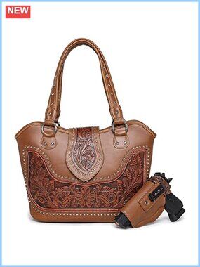 Western Tooled Tote Bag with Holster Shoulder Bag Purse Handbag